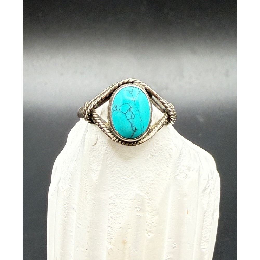 Vintage Sterling Silver Turquoise Oval Rope Border Ring Size 6.25 925 Southwest